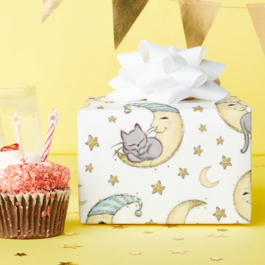 月の男の上に座っている子猫 ラッピングペーパー (誕生日パーティー)