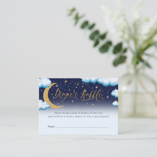 月の男の子の上の赤ちゃんシャワーおむつラッフル エンクロージャーカード (スタンド正面)