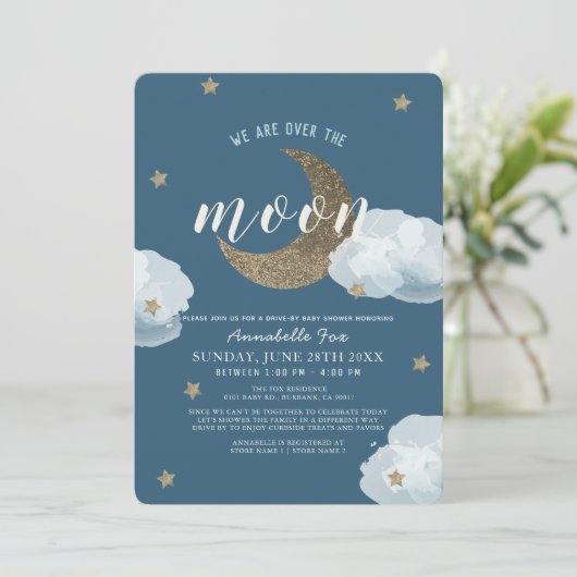 月の真夜中の青の車で赤ちゃんシャワーを浴びる 招待状 (スタンド正面)