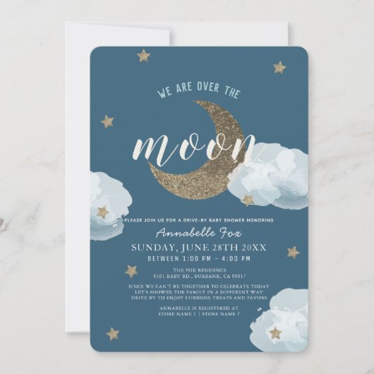 月の真夜中の青の車で赤ちゃんシャワーを浴びる 招待状 (正面)
