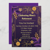 月の祝退職紫の金ゴールドアクセント 招待状 (正面/裏面)