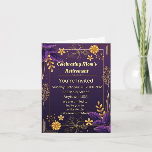 月の祝退職紫の金ゴールドアクセント 招待状 (正面)