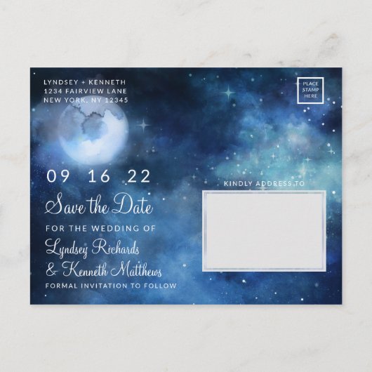 月の空の満月の天の銀河系日付を保存 案内ポストカード (裏面)