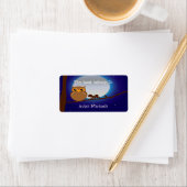 月の蔵書票で青い夜の木の中にかわいいフクロウ ラベル (インサイチュ)