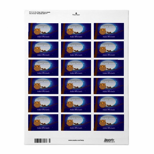 月の蔵書票で青い夜の木の中にかわいいフクロウ ラベル (フルシート)