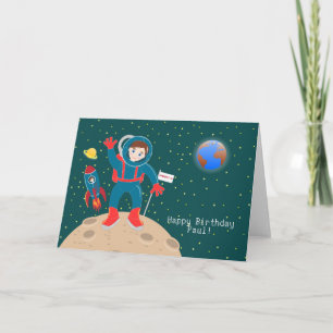 月の誕生日パーティーの宇宙飛行士の子ども カード