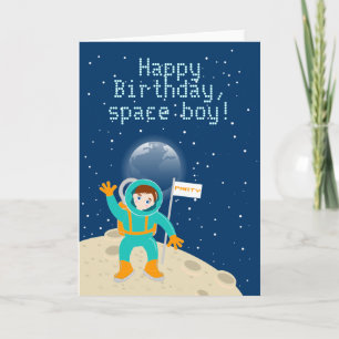 月の誕生日パーティーの宇宙飛行士の子ども カード
