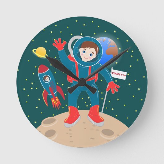 月の誕生日パーティーの宇宙飛行士の子ども ラウンド壁時計 (正面)