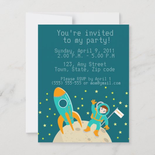 月の誕生日パーティーの宇宙飛行士の子ども 招待状 (裏面)