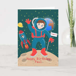 月の誕生日パーティーの宇宙飛行士の子供 カード