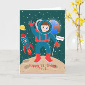 月の誕生日パーティーの宇宙飛行士の子供 カード (黄色い花)