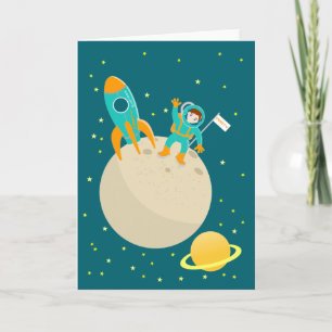 月の誕生日パーティーの宇宙飛行士の子供 カード