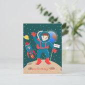 月の誕生日パーティーの宇宙飛行士の子供 ポストカード (スタンド正面)