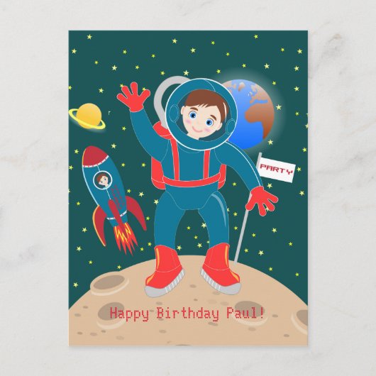 月の誕生日パーティーの宇宙飛行士の子供 ポストカード (正面)