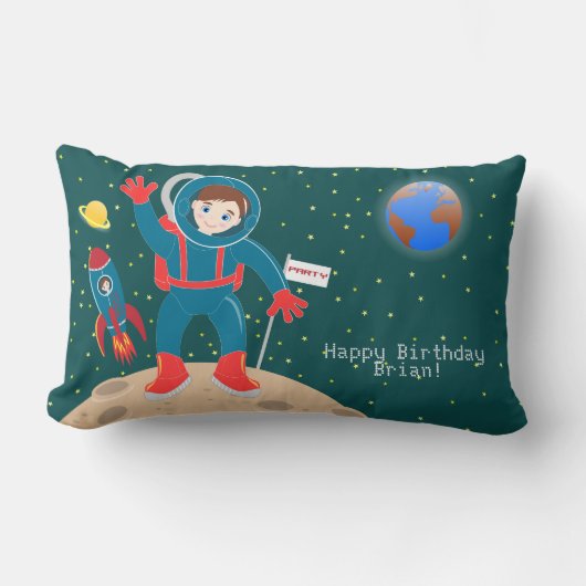 月の誕生日パーティーの宇宙飛行士の子供 ランバークッション (正面)