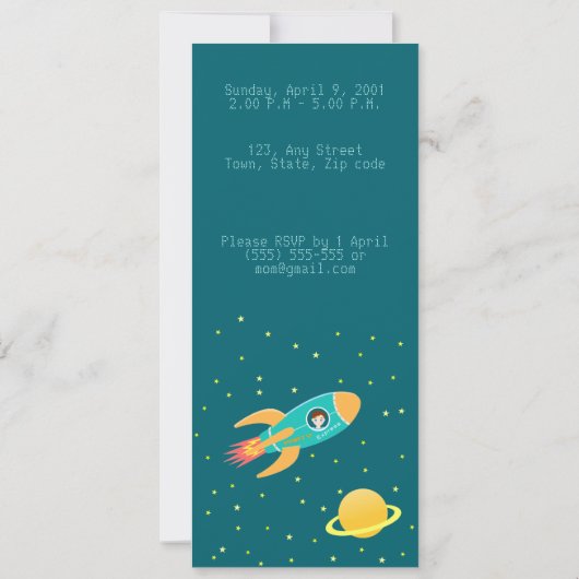 月の誕生日パーティーの宇宙飛行士の子供 招待状 (裏面)