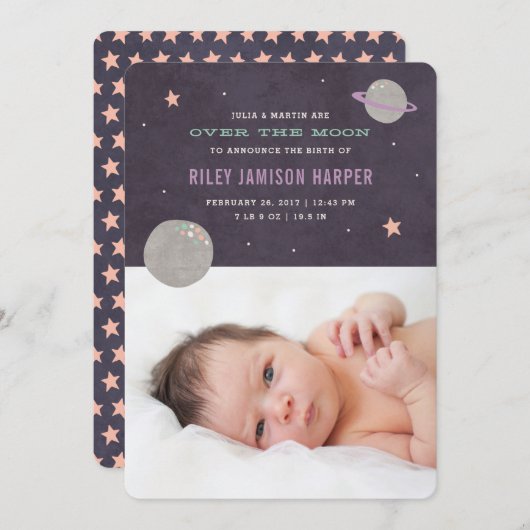 月の誕生発表について – 薄紫 案内状 (正面/裏面)