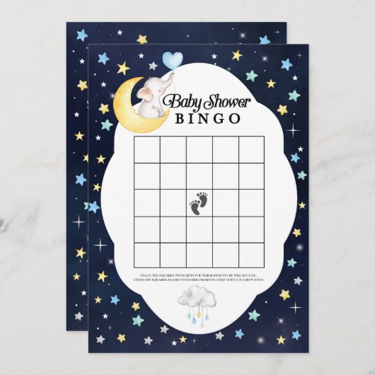 月の象の赤ちゃんシャワービンゴゲームの上 招待状 (正面/裏面)