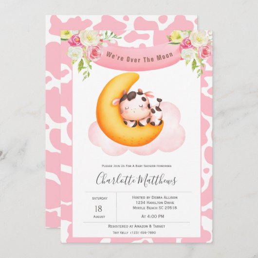 月の赤ちゃんシャワーにかわいい牛 招待状 (正面/裏面)