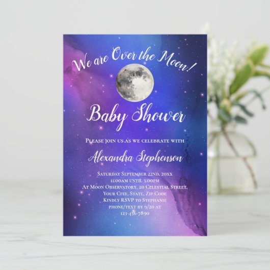 月の赤ちゃんシャワーに紫の宇宙が輝く 招待状 (スタンド正面)