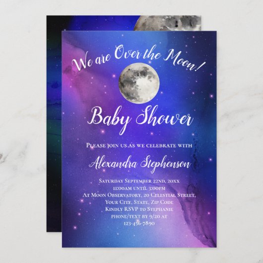 月の赤ちゃんシャワーに紫の宇宙が輝く 招待状 (正面/裏面)