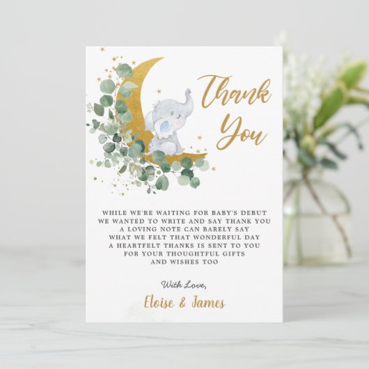 月の赤ちゃんシャワーの上にシックな緑の象 サンキューカード (スタンド正面)