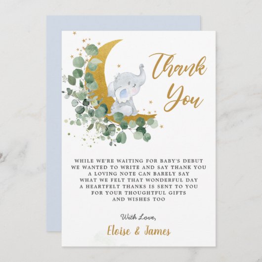 月の赤ちゃんシャワーの上にシックな緑の象 サンキューカード (正面/裏面)