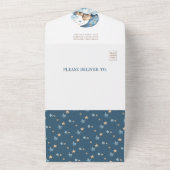 月の赤ちゃんシャワーの上にテディベア青 オールインワン招待状 (外側)