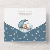 月の赤ちゃんシャワーの上にテディベア青 オールインワン招待状 (裏面)