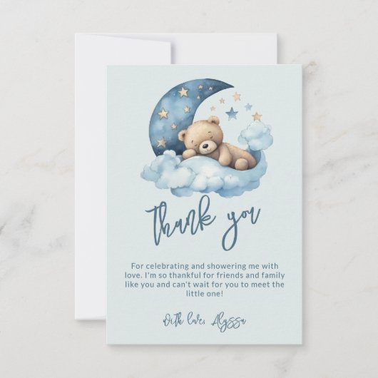 月の赤ちゃんシャワーの上にテディベア サンキューカード (正面)