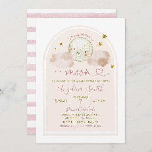 月の赤ちゃんシャワーの上にミニマリストBohoピンク 招待状 (正面/裏面)