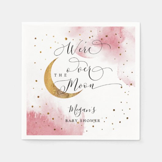 月の赤ちゃんシャワーの上に夢見るようなピンクの金ゴールド スタンダードカクテルナプキン (正面)