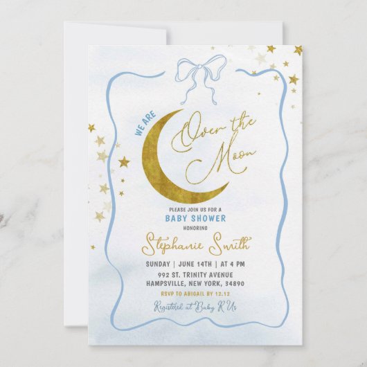月の赤ちゃんシャワーの上に手書きの青いコケット 招待状 (正面)