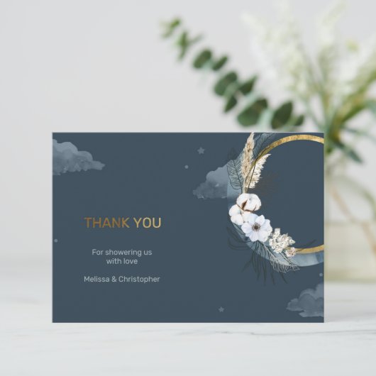 月の赤ちゃんシャワーの上に海軍と金ゴールドの箔 サンキューカード (スタンド正面)
