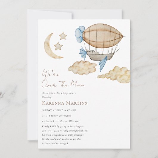 月の赤ちゃんシャワーの上に白い熱気球 招待状 (正面)