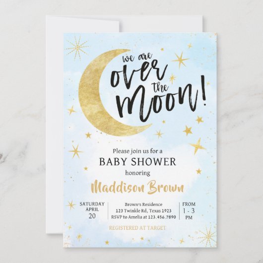 月の赤ちゃんシャワーの上の青い金ゴールド 招待状 (正面)