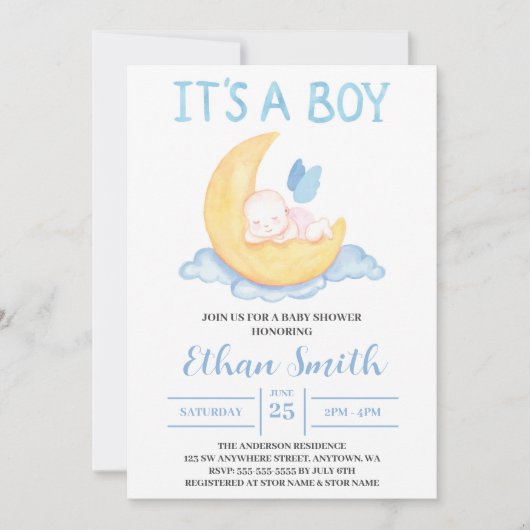 月の赤ちゃんシャワーの男の子の水色男の赤ちゃん 招待状 (正面)