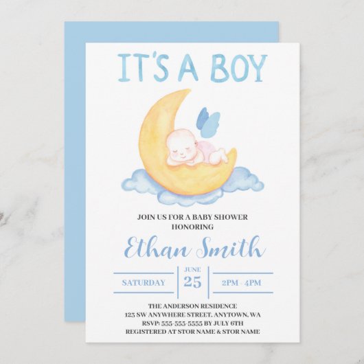 月の赤ちゃんシャワーの男の子の水色男の赤ちゃん 招待状 (正面/裏面)