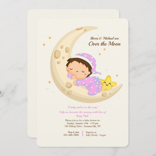 月の赤ちゃんシャワーを浴びる赤ちゃん女の子 招待状 (正面/裏面)