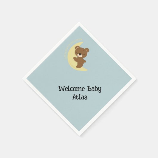 月の赤ちゃんシャワーナプキンの上にパーソナライズされたクマ スタンダードカクテルナプキン (角)