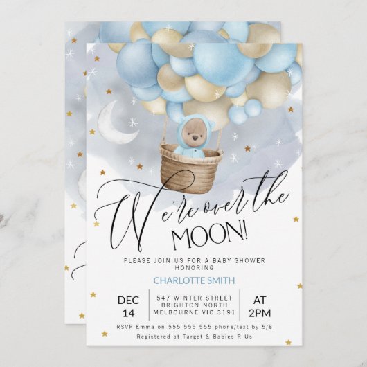 月の赤ちゃんシャワー上に青い熱気球ベア 招待状 (正面/裏面)