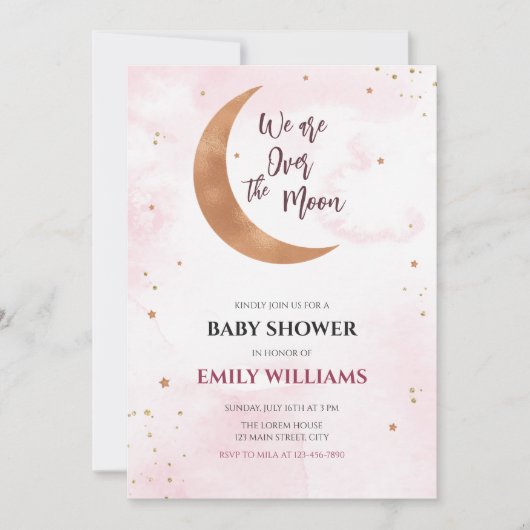 月の赤ちゃん女の子のシャワーの上に柔らかいピンクの星 招待状 (正面)