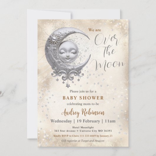 月の赤ちゃん男女兼用のシャワー 招待状 (正面)