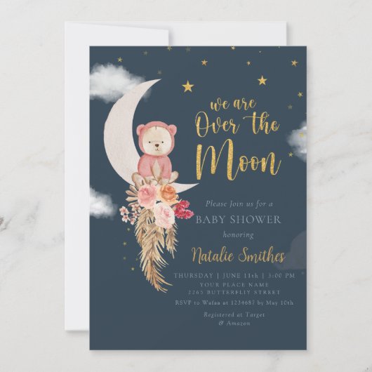 月の赤ん坊のシャワーに水の色の星が雲 招待状 (正面)