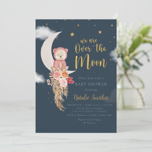 月の赤ん坊のシャワーに水の色の星が雲 招待状 (スタンド正面)