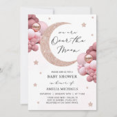 月の赤ん坊のシャワーの上に月と星がピンク色 招待状 (正面)