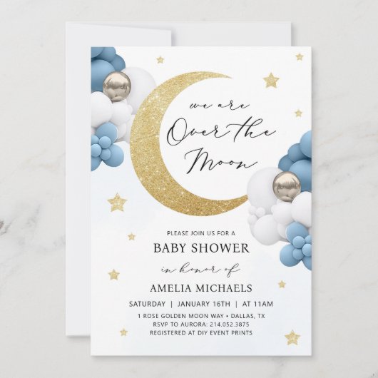 月の赤ん坊のシャワーの上に月と星が青く 招待状 (正面)