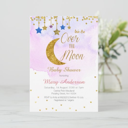 月の赤ん坊のシャワーの上に虹 招待状 (スタンド正面)