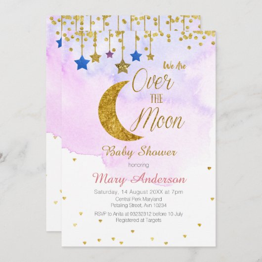 月の赤ん坊のシャワーの上に虹 招待状 (正面/裏面)