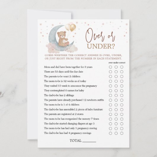 月の赤ん坊のシャワーカードの上でゲームの上または下 招待状 (正面)